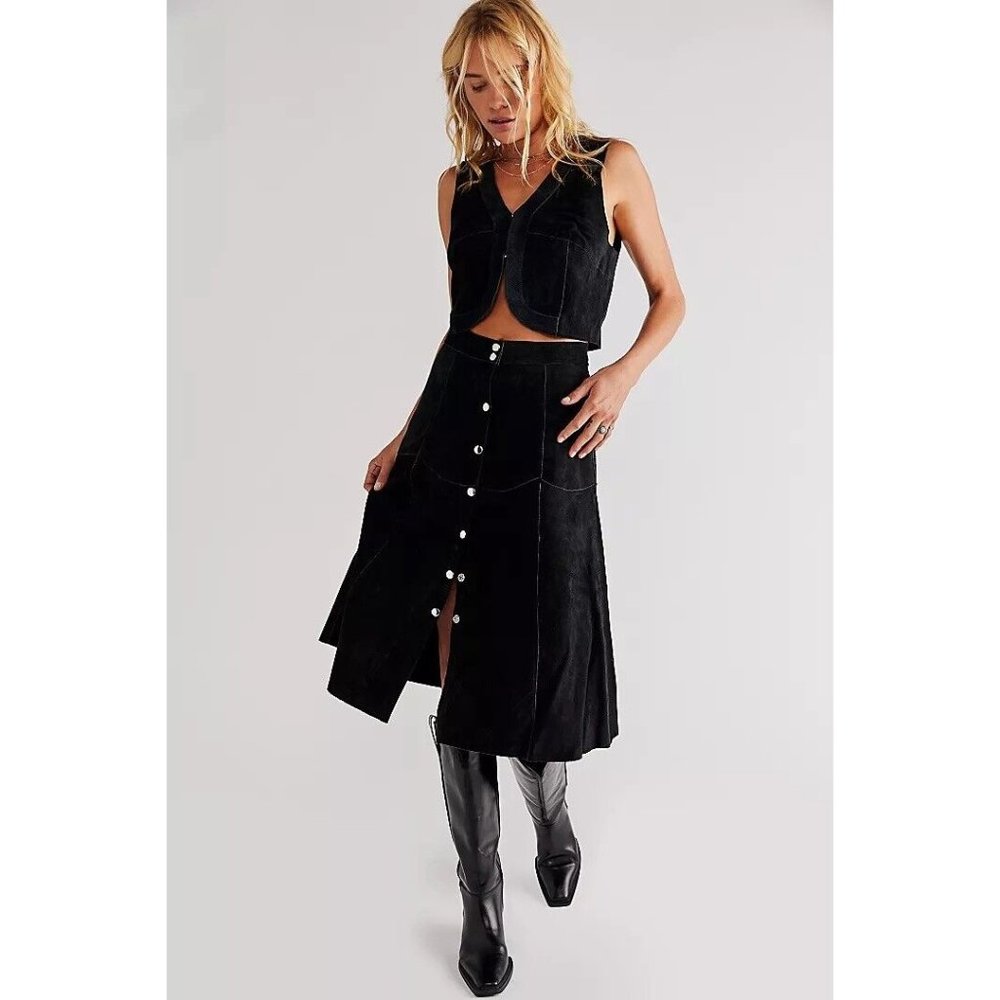 NWT FREE PEOPLE X UNDERSTATED Sz S BETTY SET SUEDE VEST & MIDI SKIRT SET BLACK